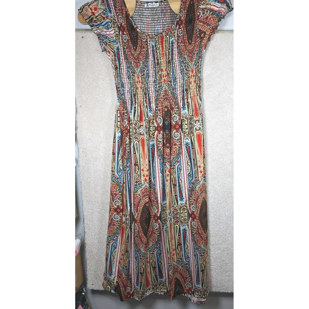 Lapogee Dress‎ Womens XL Red Blue Paisley Boho Maxi Smocked Chic Style Vintage